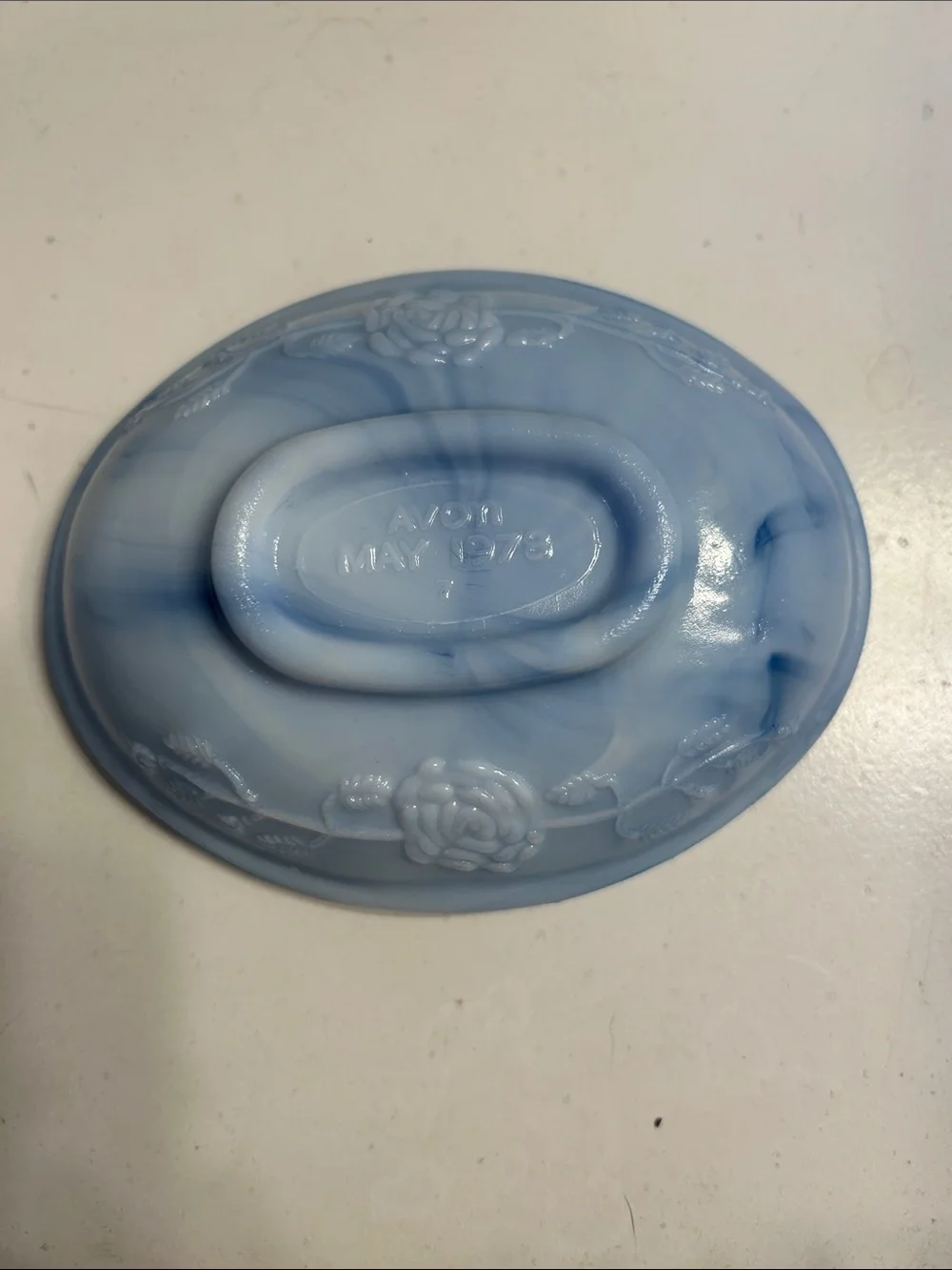 Vintage Avon Light Blue and White Marbled Glass Rose soap dish